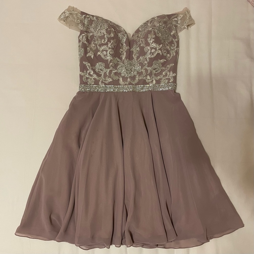 muave off the shoulder homecoming dress